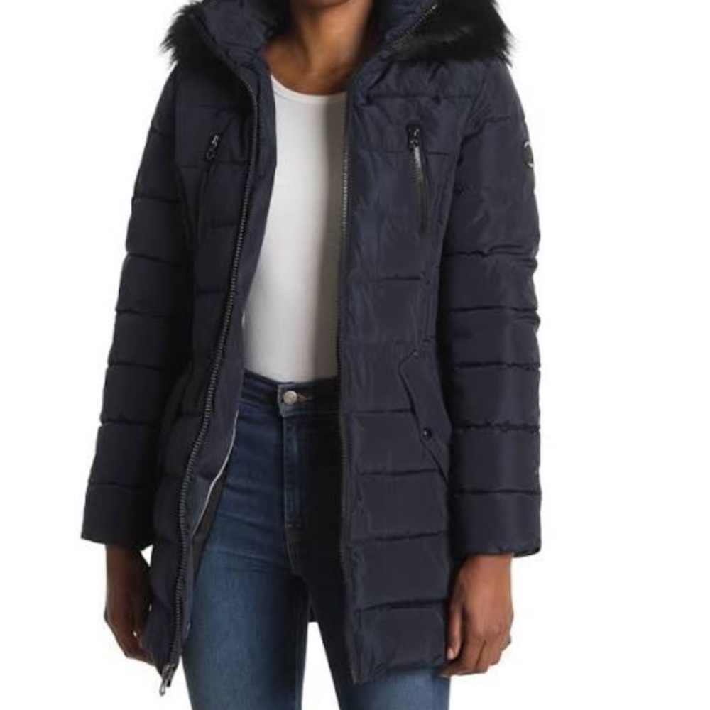 Nautica Belted Coat FAUX FUR TRIM HOODED COAT XS Blue Navy Black